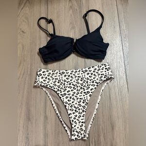 High-Waist Leopard Print Bikini Set - Black Top, Cream Leopard Bottom